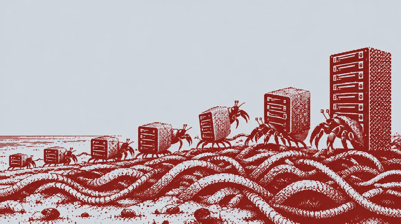 A beach of server-tower shells with hermit crabs moving between them